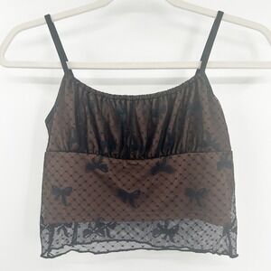 Romwe Womens Whimsigoth Dark‎ Mesh Bow Embroidered Lace Cami Tank Top Size S